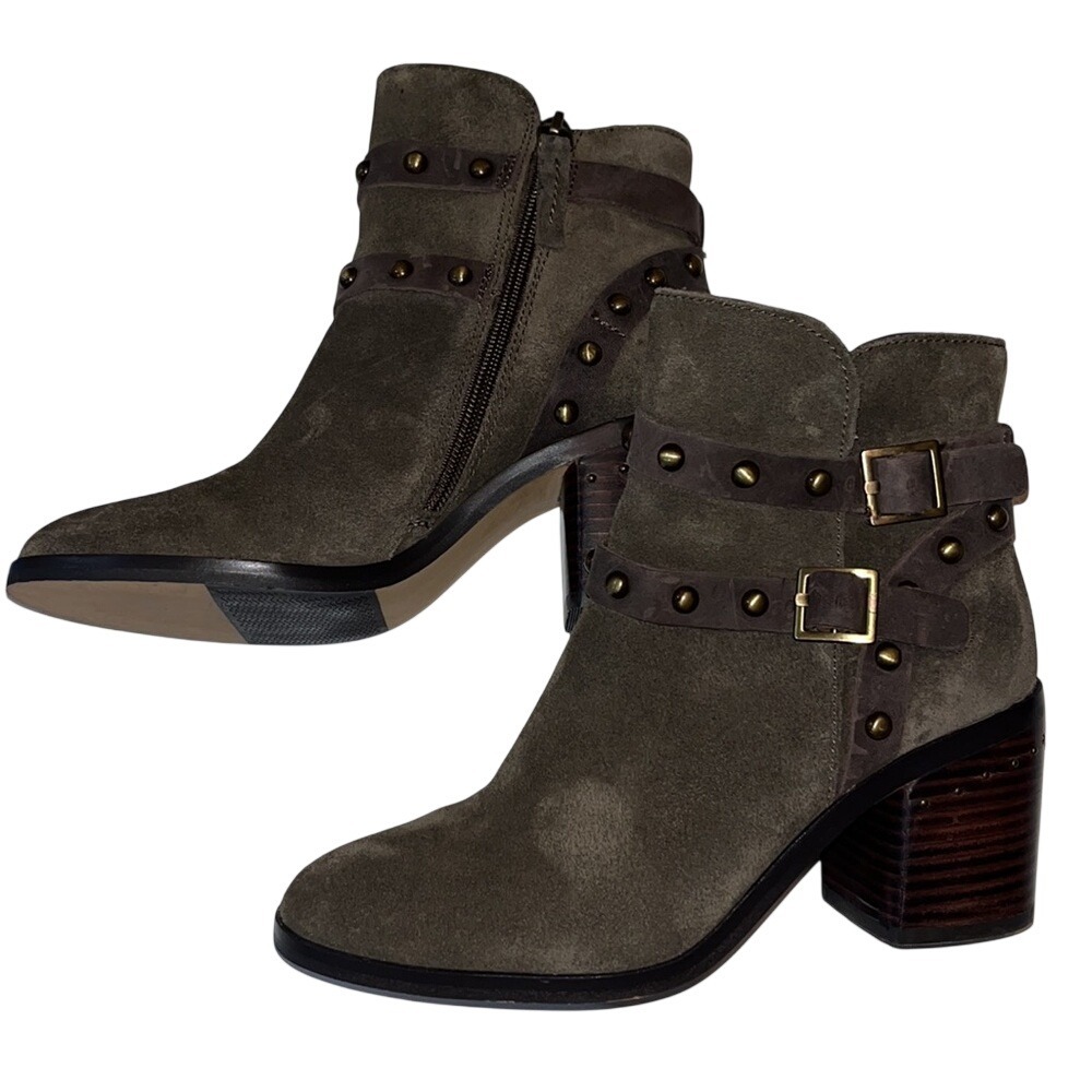 Nicole Shiri Women's Brown Suede Heeled Ankle Boots Sz 6 Buckles Brass Detail